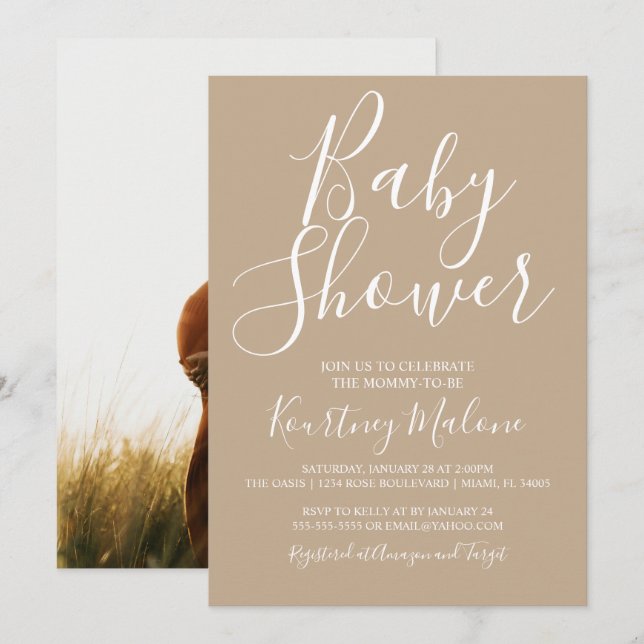 Invitation photo Neutral Tan Baby shower (Devant / Derrière)
