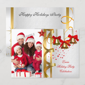 Invitation Photo Noël Vacances Fête de Noël Blanc Or Rouge