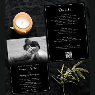 Invitation Photo noir et blanc, Boarder blanc Code QR Mariage