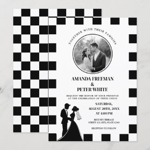 Invitation Photo noir et blanc chic À damiers Mariage couple