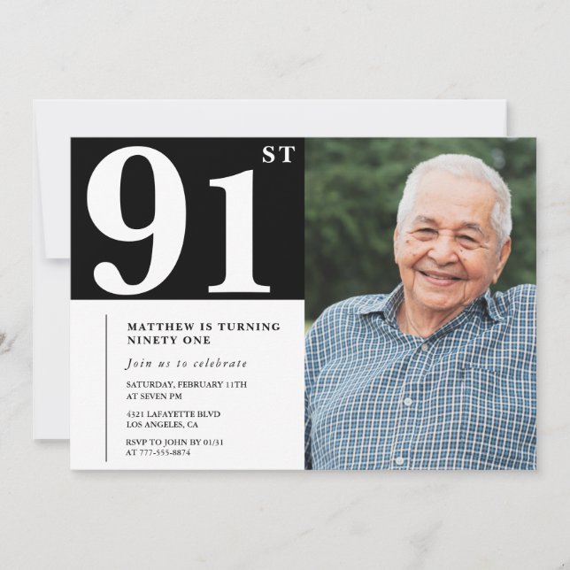 Invitation Photo noir et blanc Hommes 91e anniversaire Invita (Devant)