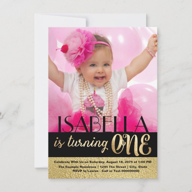 Invitation Photo Noir et Or Premier anniversaire (Devant)
