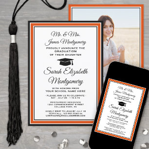 Invitation Photo & Noms des parents Diplômé Orange et Noir