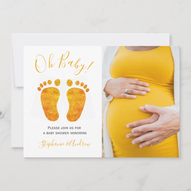 Invitation Photo Oh Baby Gold Feet Baby shower de Couple (Devant)