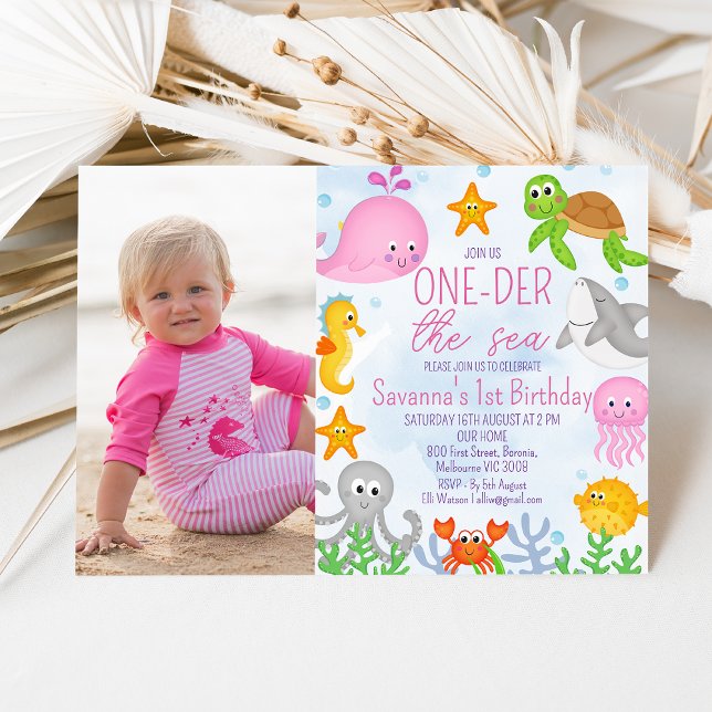 Invitation Photo One-der The Sea 1er Anniversaire de la fille (Sweet under the sea or one-der the sea 1st birthday invitation for a girl featuring a pink whale.)