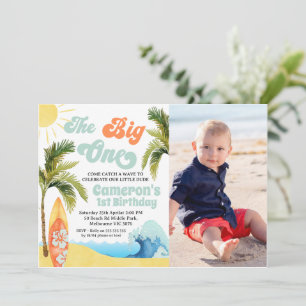 Invitation Photo Orange Turquoise Surf Wave Big One 1er Anniv