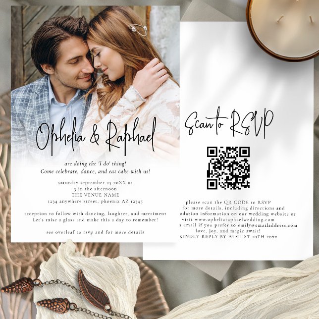 Invitation Photo Overlay Script informel QR Code Boho Mariage (Front and back view)