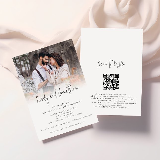 Invitation Photo Overlay Script informel QR Code Mariage (Front and back view)