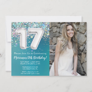 Invitation Photo Pailleté Argent Bleu Turquoise 17e Anniversa