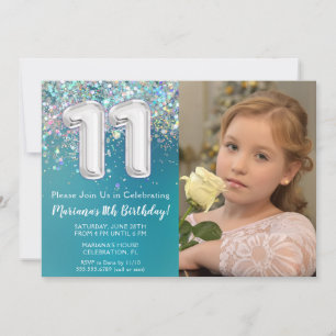 Invitation Photo Pailleté Argent Bleu Vert 11e Anniversaire