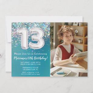 Invitation Photo Pailleté Argent Bleu Vert 13e Anniversaire