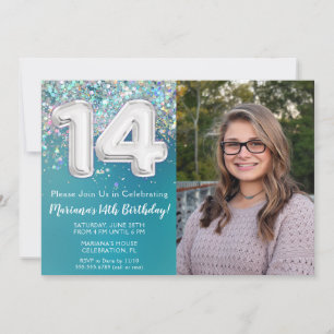 Invitation Photo Pailleté Argent Bleu Vert 14e Anniversaire