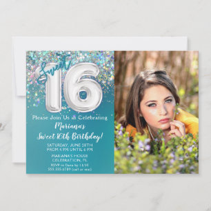 Invitation Photo Pailleté Argent Bleu Vert 16e Anniversaire
