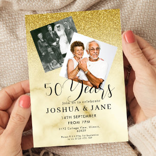 Invitation Photo Pailleté Or 50e Anniversaire de Mariage