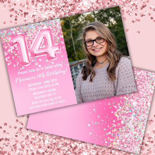 Invitation Photo Pailleté Rose 14e Anniversaire