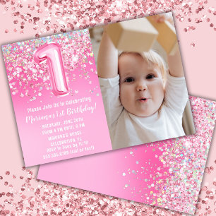 Invitation Photo Pailleté Rose 1er Anniversaire