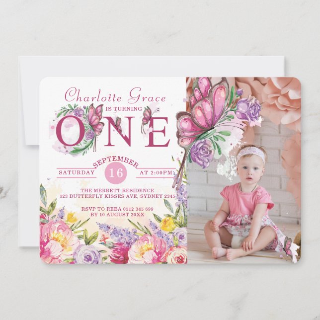 Invitation Photo Papillon Aquarelle Florale Premier Anniversa (Devant)