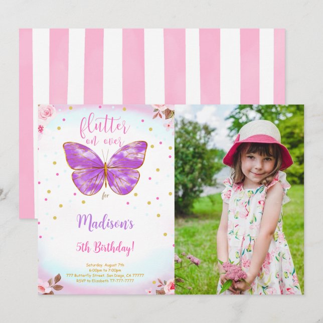 Invitation photo papillon pour 5ème anniversaire (Devant / Derrière)