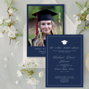 Invitation Photo Parents Navy Bleu & Blanc Graduation