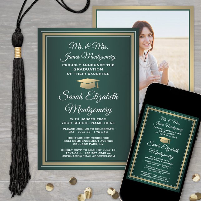 Invitation Photo & Parents Noms Green Gold Graduation Party (Créateur téléchargé)