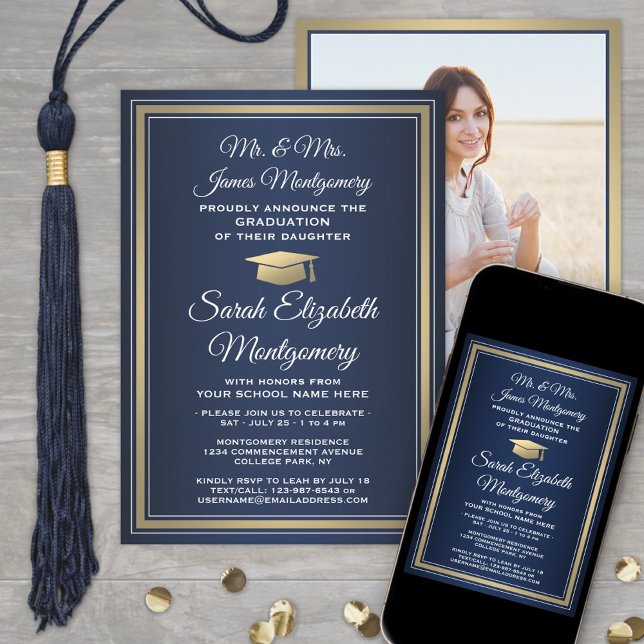 Invitation Photo & Parents Noms Marine & Gold Graduation Part (Créateur téléchargé)