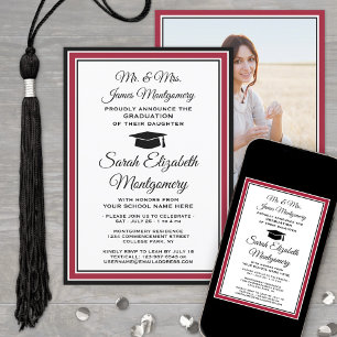 Invitation Photo & Parents Noms Red Black & White Graduation