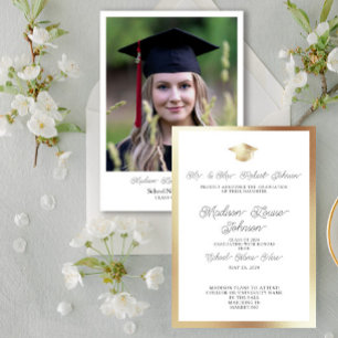 Invitation Photo Parents White Black & Gold Graduation