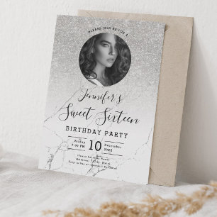 Invitation PHOTO Parties scintillant argent marbre doux 16 Pa