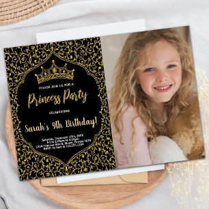 Invitation Photo Parties scintillant d'or Princesse rose noir