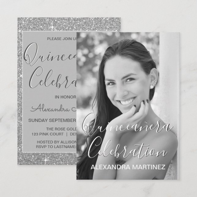 Invitation Photo Parties scintillant en argent - Célébration  (Devant / Derrière)