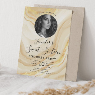 Invitation PHOTO Parties scintillant en marbre doré Sweet 16 