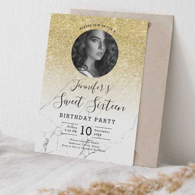 Invitation PHOTO Parties scintillant or Marbre Sweet 16 Party (PHOTO Gold Glitter Marble Sweet 16 Party Invitation)