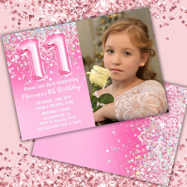 Invitation Photo Parties scintillant rose 11e anniversaire (Créateur téléchargé)