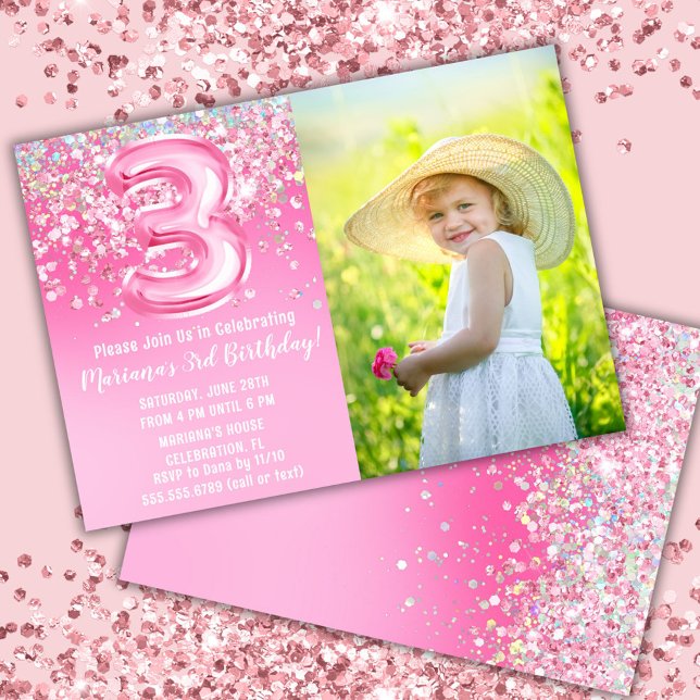 Invitation Photo Parties scintillant rose 3e anniversaire (Créateur téléchargé)