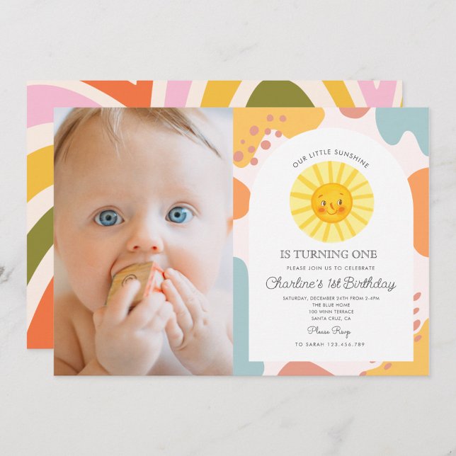 Invitation Photo Pastel Cute Sun Retro Wavy 1er anniversaire (Créateur téléchargé)