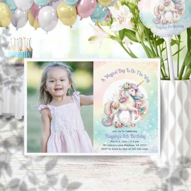 Invitation Photo Pastel Radiant Rainbow Unicorn (Enchanting Pastel Radiant Rainbow Unicorn Photo Invitation)