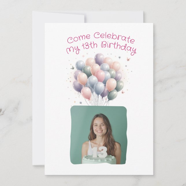 Invitation Photo personnalisée 13e ballons d'anniversaire (Devant)