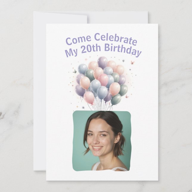 Invitation Photo personnalisée 20e anniversaire Ballons Invit (Devant)