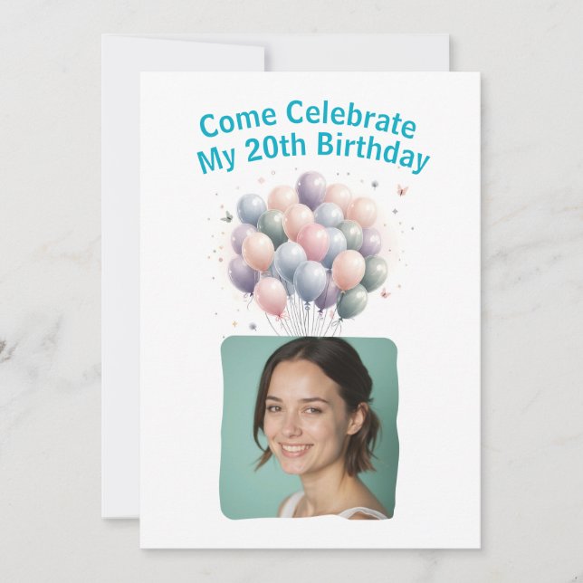 Invitation Photo personnalisée 20e anniversaire Ballons Invit (Devant)