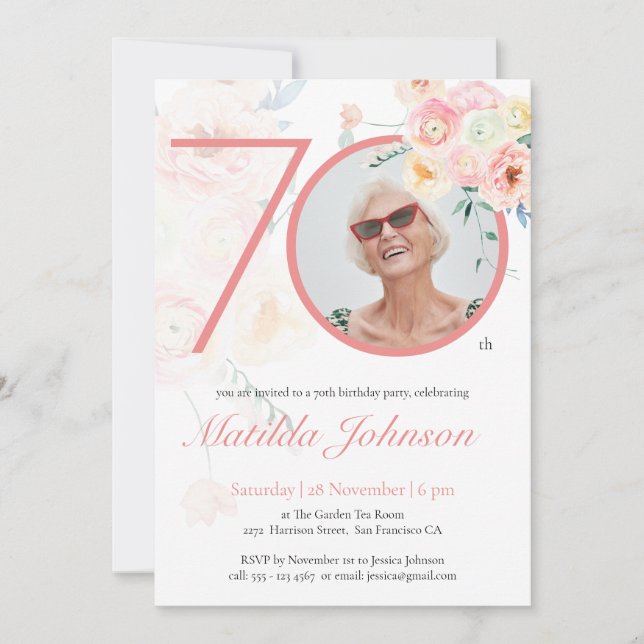 Invitation Photo personnalisée Aquarelle rose Floral 70e anni (Devant)