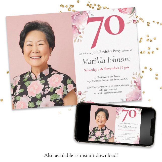Invitation Photo personnalisée Aquarelle rose Floral 70e anni (Custom Photo 70th Birthday Pink Watercolor Floral Invitation)