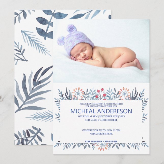 Invitation Photo personnalisée Baptême floral bleu (Devant / Derrière)