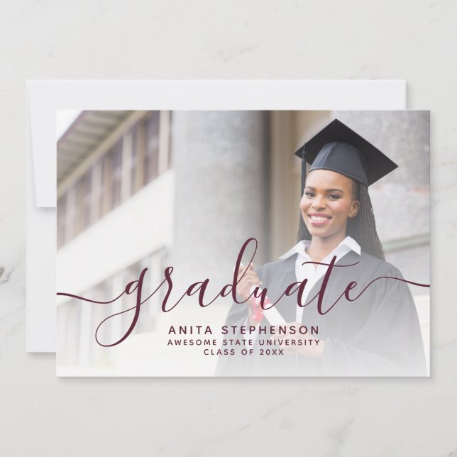 Invitation Photo personnalisée Burgundy Script Graduation Par (Devant)