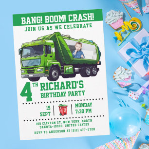Invitation Photo personnalisée Camion poubelle fête d'anniver