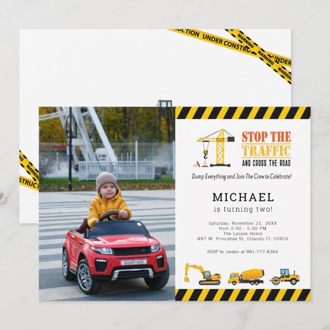 Invitation Photo personnalisée Chariot de construction Annive (Devant / Derrière)