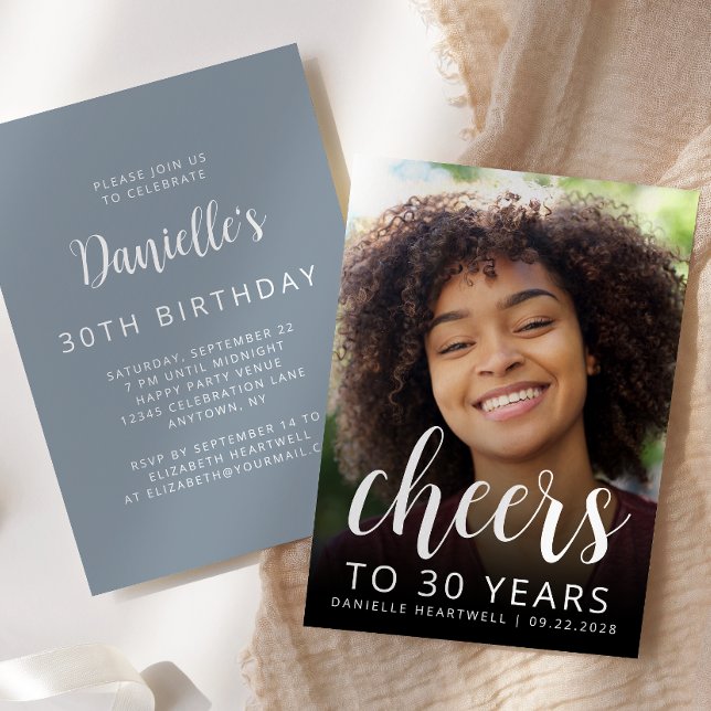 Invitation Photo personnalisée Cheers Dusty Blue 30th Birthda (Créateur téléchargé)