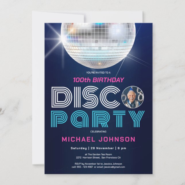 Invitation Photo personnalisée Disco Party Retro 100e anniver (Devant)