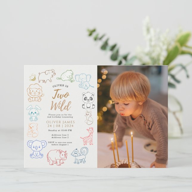 Invitation Photo personnalisée Doodle Party Animaux 2e annive (Debout devant)