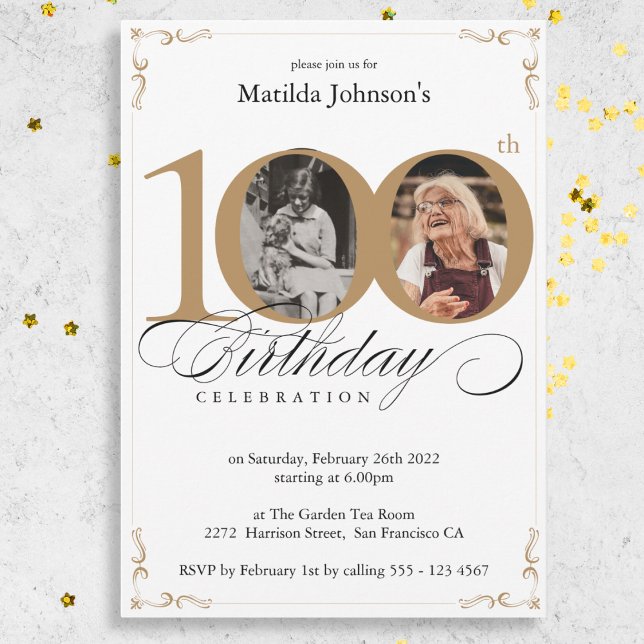 Invitation Photo personnalisée en or blanc 100e fête d'annive (White Gold Custom Photo 100th Birthday Party Invitation)