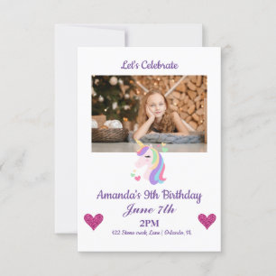 Invitation Photo personnalisée Magie Unicorne & Coeurs Annive